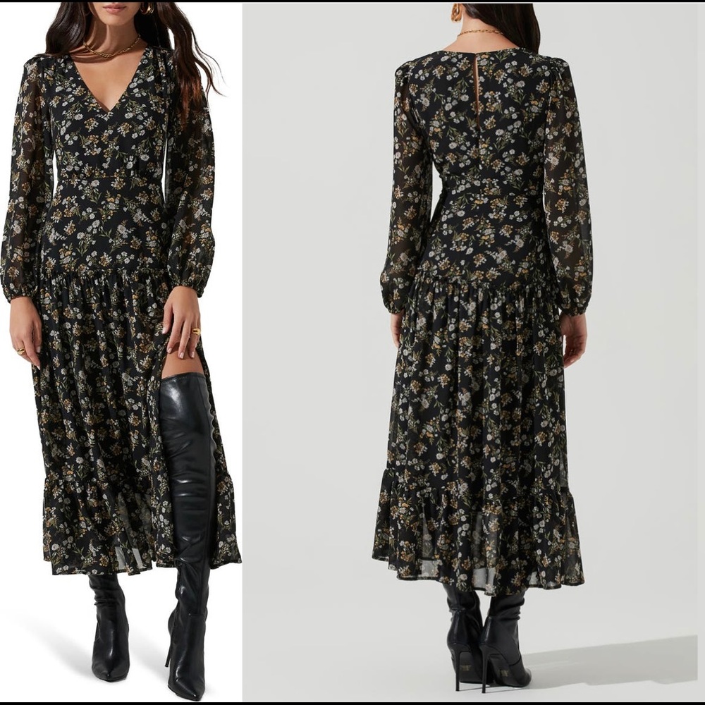 ASTR the Label V-Neck Long Sleeve Slit Print Dress